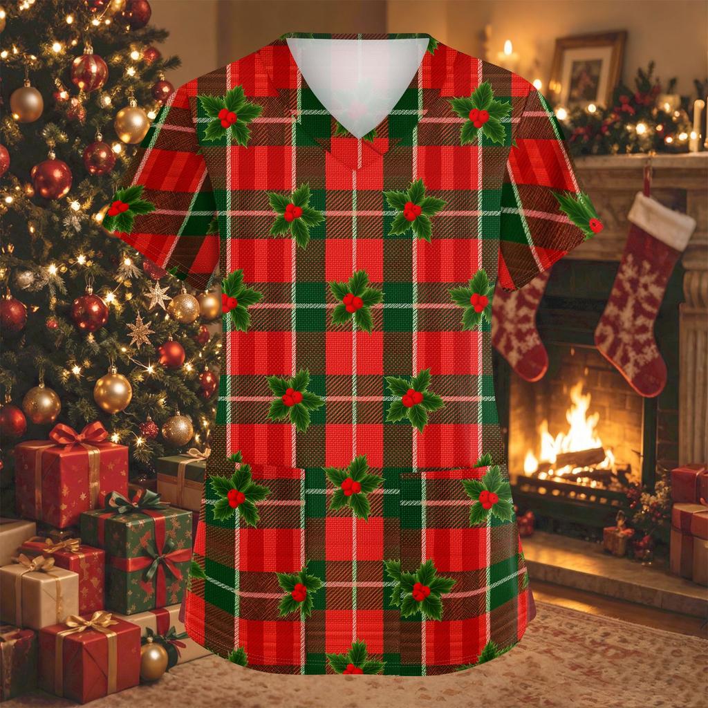 Women's V-Neck Short Sleeve Christmas Print Work Tunic Top with Pockets and Side Slits