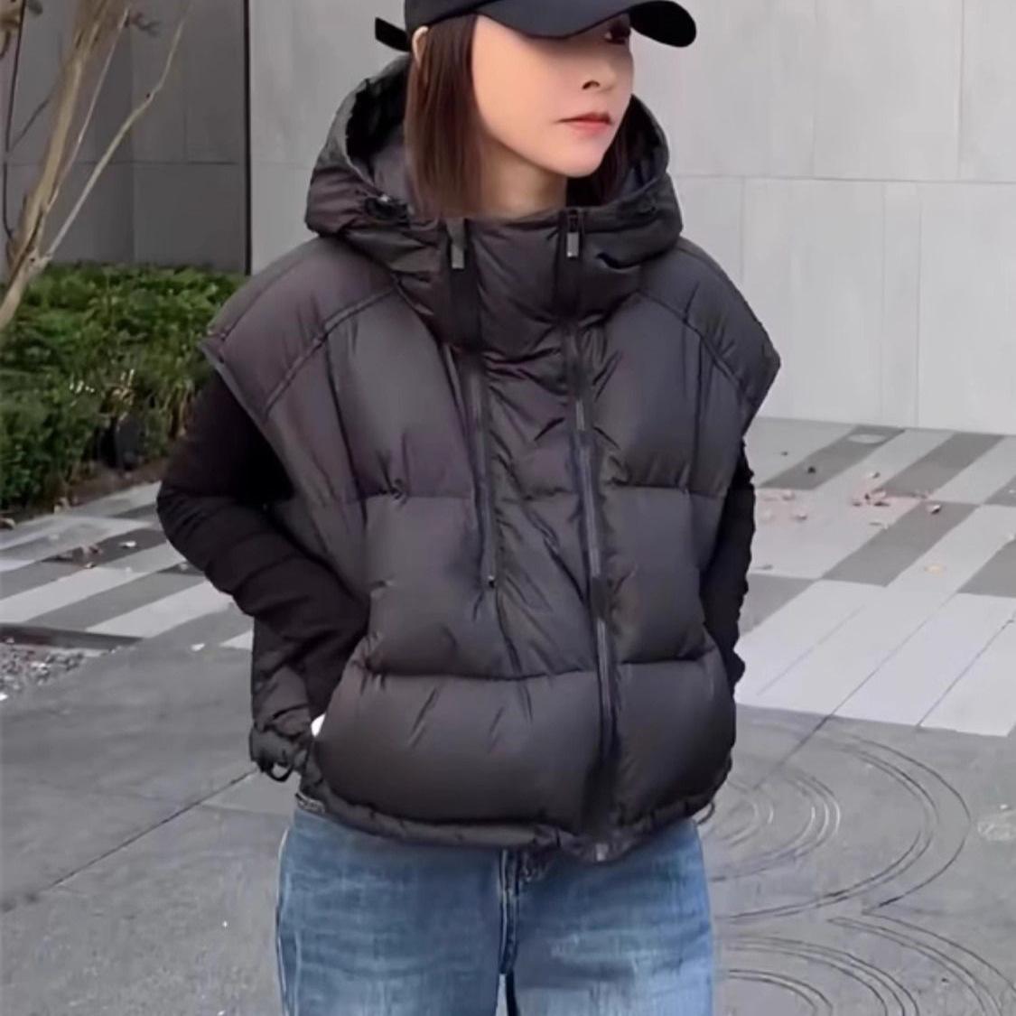 

Hooded Vest Vest Padded Double Zipper Down Cotton Vest Women s Autumn and Winter Short Cotton-padded Jacket Coat. L