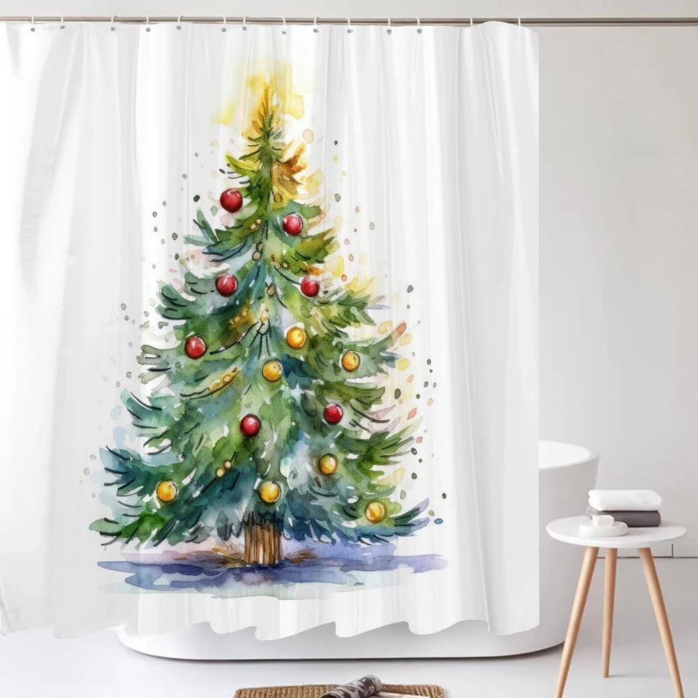 Christmas Shower Curtain Santa Claus Winter Christmas Tree Polyester Colorful Bath Curtain Home Bathroom Decor Curtain With Hook