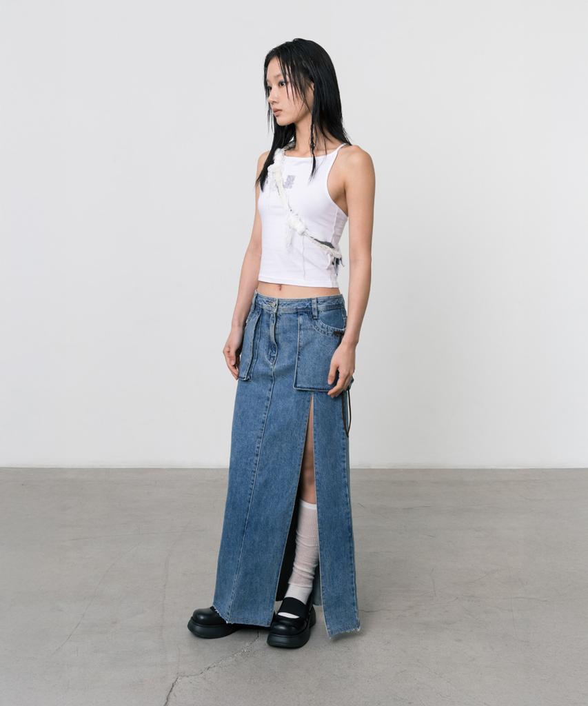 Three To Eighty Slit Denim Maxi Skirt Blue