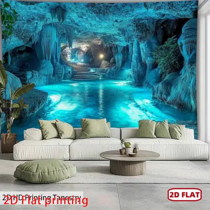 2D Fantasy Crystal Cave Tapestry, Mystical Lake Scenery for Bedroom