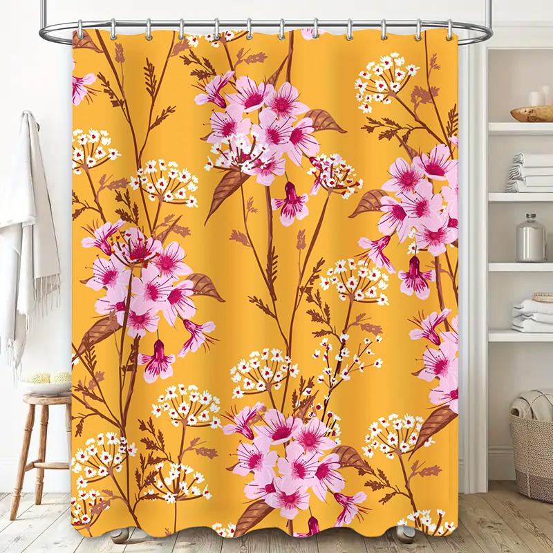 Stylish Floral Shower Curtain Pink Yellow Waterproof Bath Decor for Home Decoration