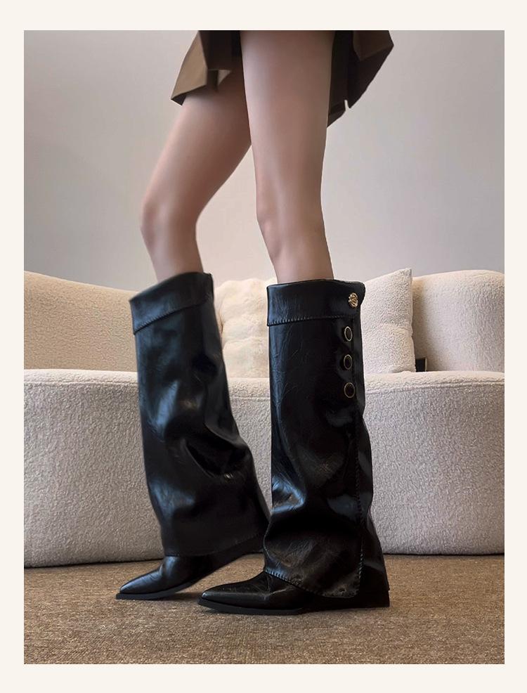Verze z ovčí kůže ~ malé voňavé boty na klínku s špičatou špičkou dámské boty 2025 retro kozačky po kolena jezdecké boty