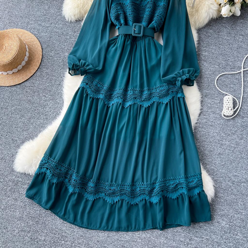 French O Neck Cut Out Lace PATCHWORK Lantern Sleeve Korean Fashion Dress Women's Summer Waist Sweet Dresses