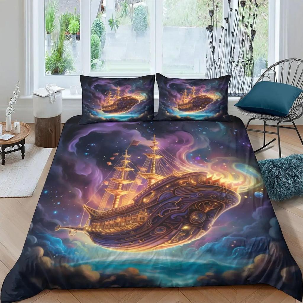 Sailboat Bedding Set Sailing Ship Comforter Cover Ocean Wave Nautical Duvet Cover For Kids Boys Girls Cartoon Ship