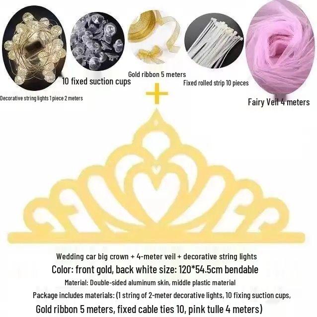 Creative Wedding Car Decoration: Gold Crown and Veil for TikTok-Inspired Celebrations