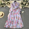 Women Fashion Vintage Elegant Stand Neck High Waist Slim A-line Print Ruffle Edge Chiffon Dress Spring Party Vacation Pleat robe