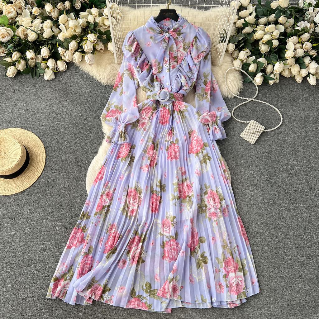 Women Fashion Vintage Elegant Stand Neck High Waist Slim A-line Print Ruffle Edge Chiffon Dress Spring Party Vacation Pleat robe