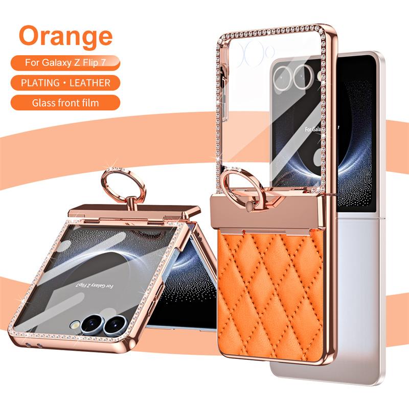 For Samsung Galaxy Z Flip7 5G PU Leather Plating Glitter Bling Diamond Ring Hinge Phone Case Screen Protect Film ShockproofCover