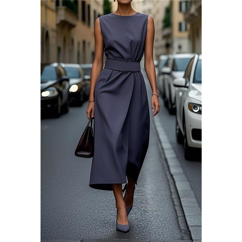 Vestido Casual Largo de Color Sólido sin Mangas con Cuello Redondo para Mujer