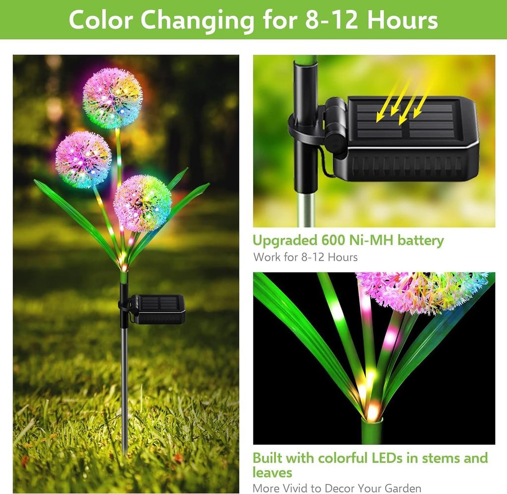 4 Pack Solar Garden Lights Decor Outdoor Lights Colorful Dandelion Flower Light  Bright Waterproof Solar Lights Christmas