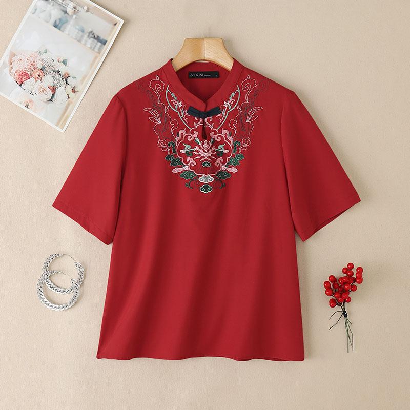 

ZANZEA Women Casual Embroidery Patchwork Summer Short Sleeve Blouse S красный