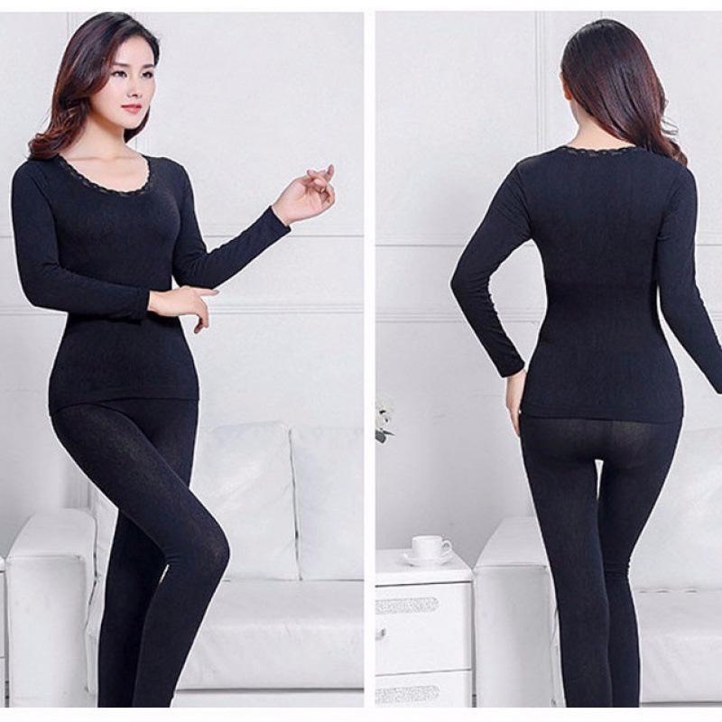 Sexy Women Underwear Thermal Sets High Neck Long Sleeve Top and Elastic Waist Bottom Comfortable Suit