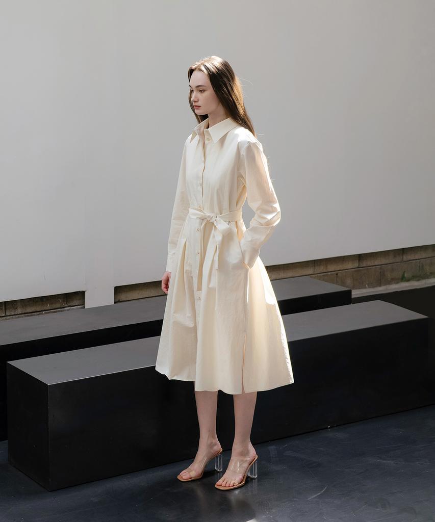 YOUNESS Ivory Tuck Pleated Shirt Dress