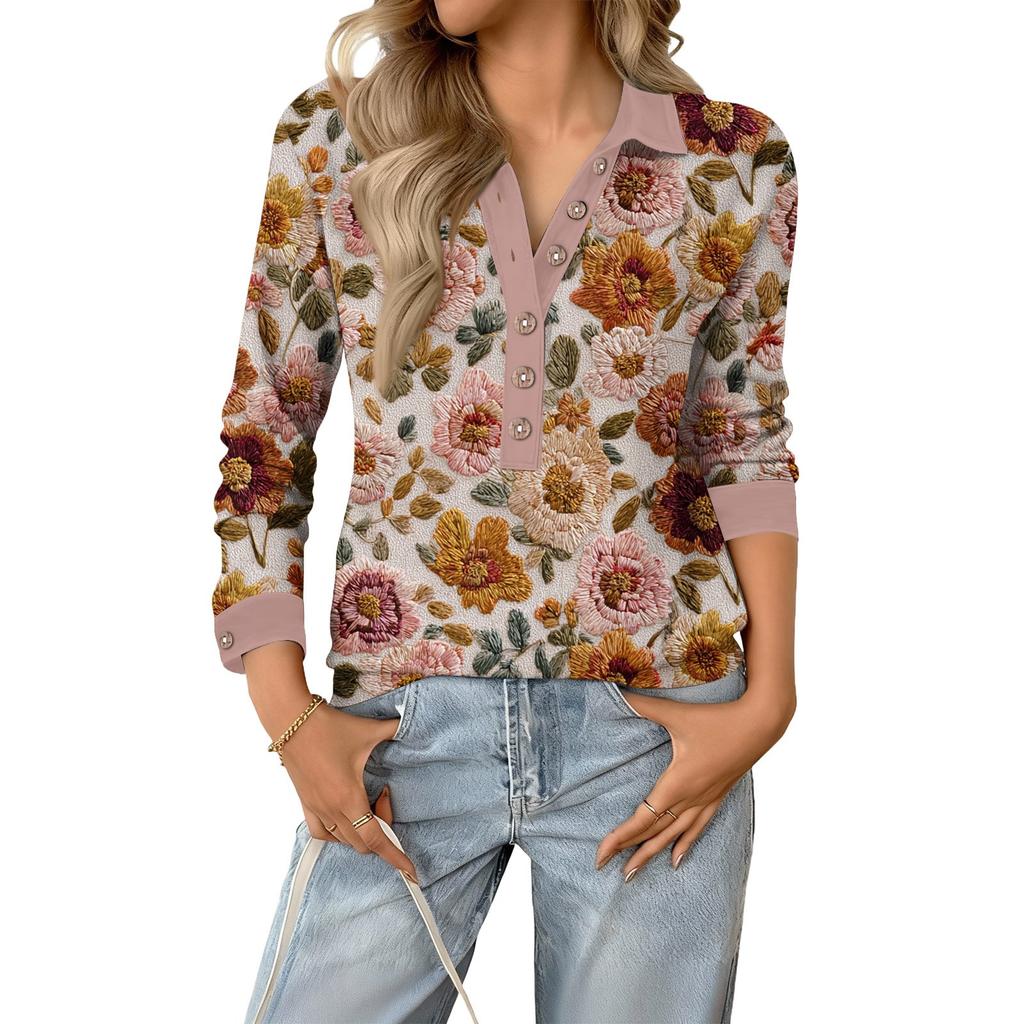 Women's Relaxed V,neck Long,sleeved Button,down Floral Pullover Top