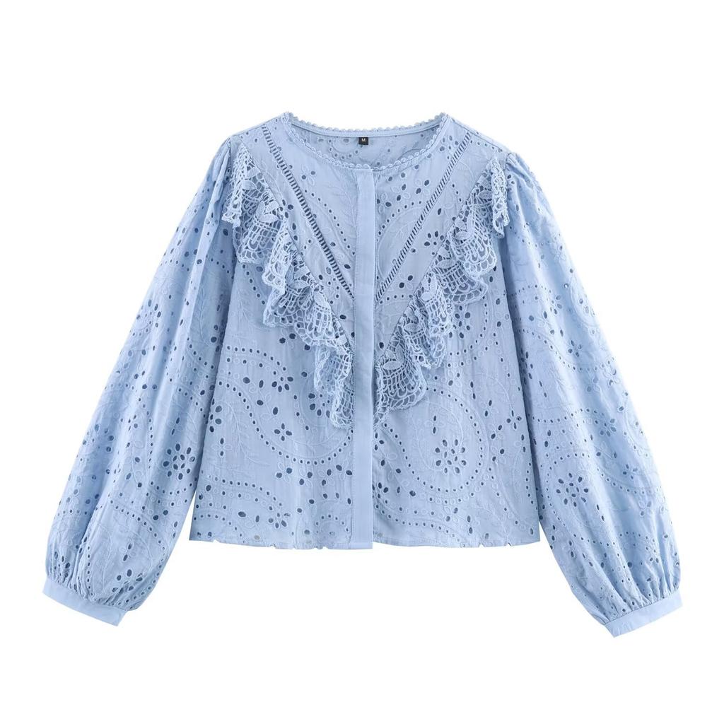 European and American style, new women's clothing, foreign style, fashionable style, hollow embroidered shirt 8741231