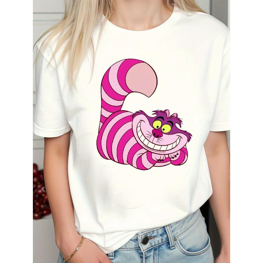 

Cheshire Cat Pattern Women s Y2K Crew Neck Short Sleeve T-Shirt Four-Season Casual Wear Cartoon Print M