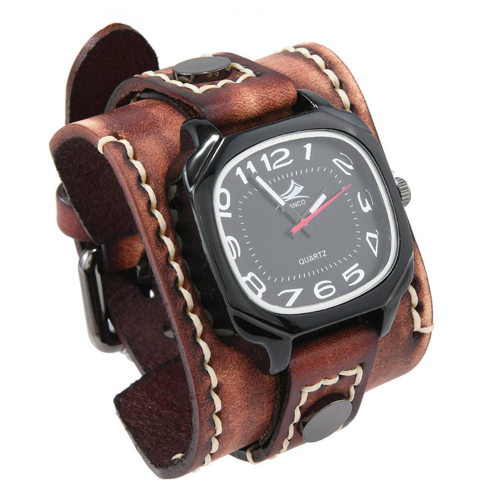 European and American Hot-selling Accessories, New Hand-stitched Retro Cowhide Watch Bracelet, Men's Trend Wide Leather Quartz Watch