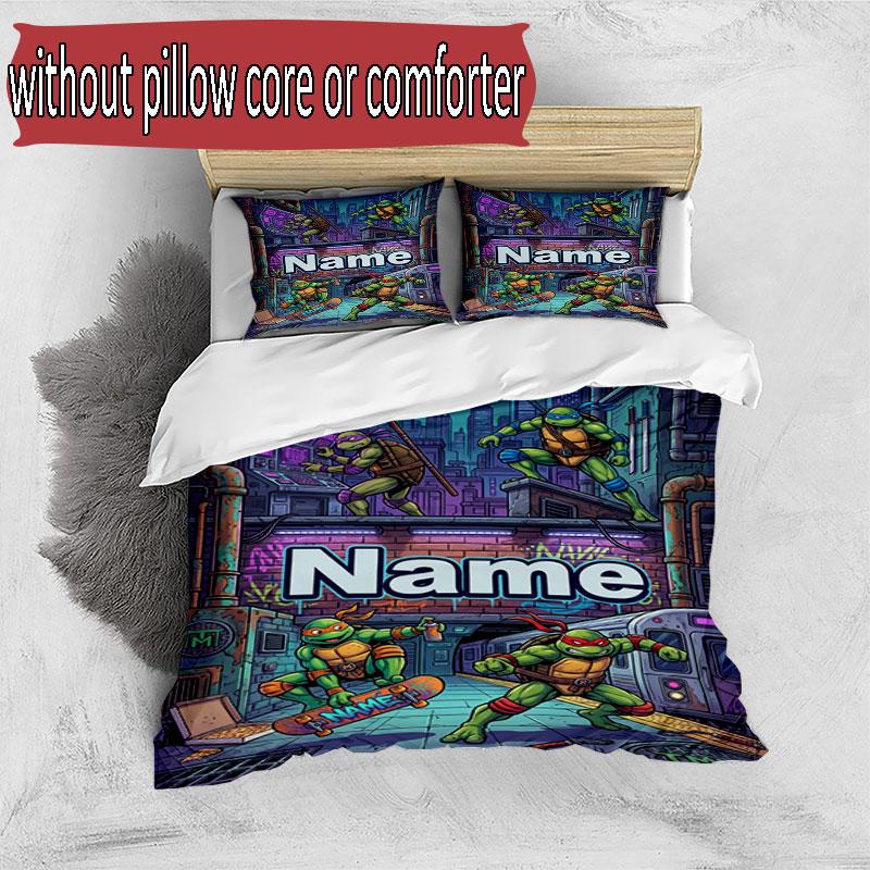 3pcs Duvet Cover Set (1*Duvet Cover + 2*Pillowcase, Without Core), Custom Name Teenage Ninja Turtles Pattern Bedding Set, Home Bedroom Decor Gift