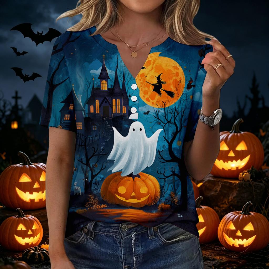 Womens Casual Halloween V Neck Short Sleeve Button T Shirt Spider Web Print Lightweight Top for Fall Seasonal Wear
