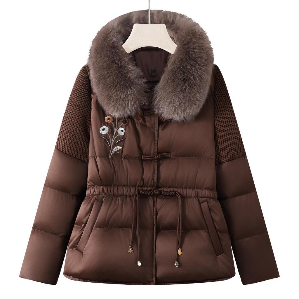 Mom's Winter Fashionable Embroidered Down Jacket with Wool Collar for Middle-Aged and Elderly Women