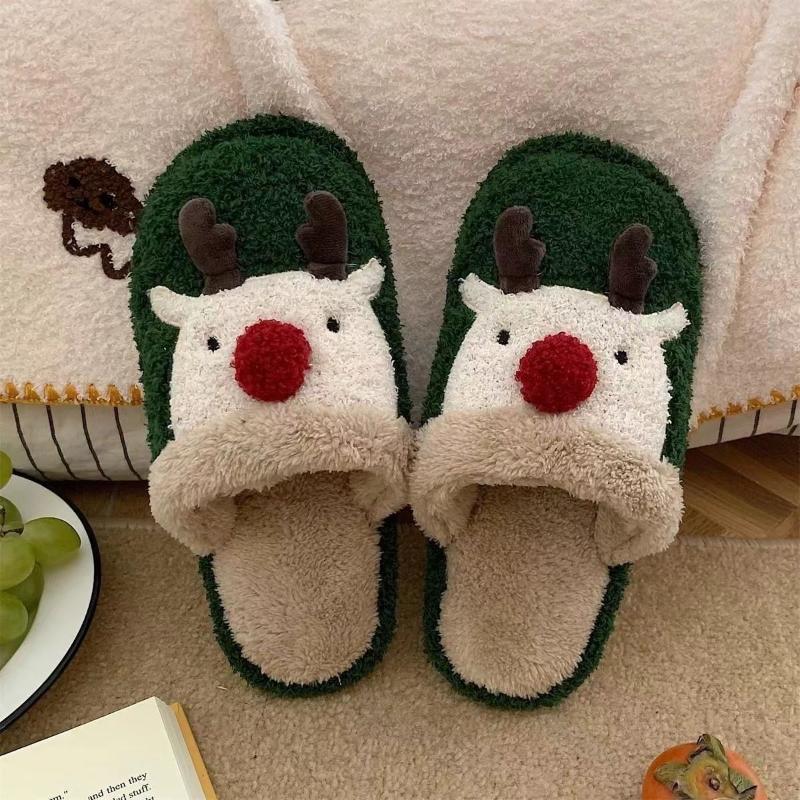 

Winter Christmas Elk Plush Shoes Home Fashion Couple Non slip Warm Baotou Cotton Slippers 36-37 зелений