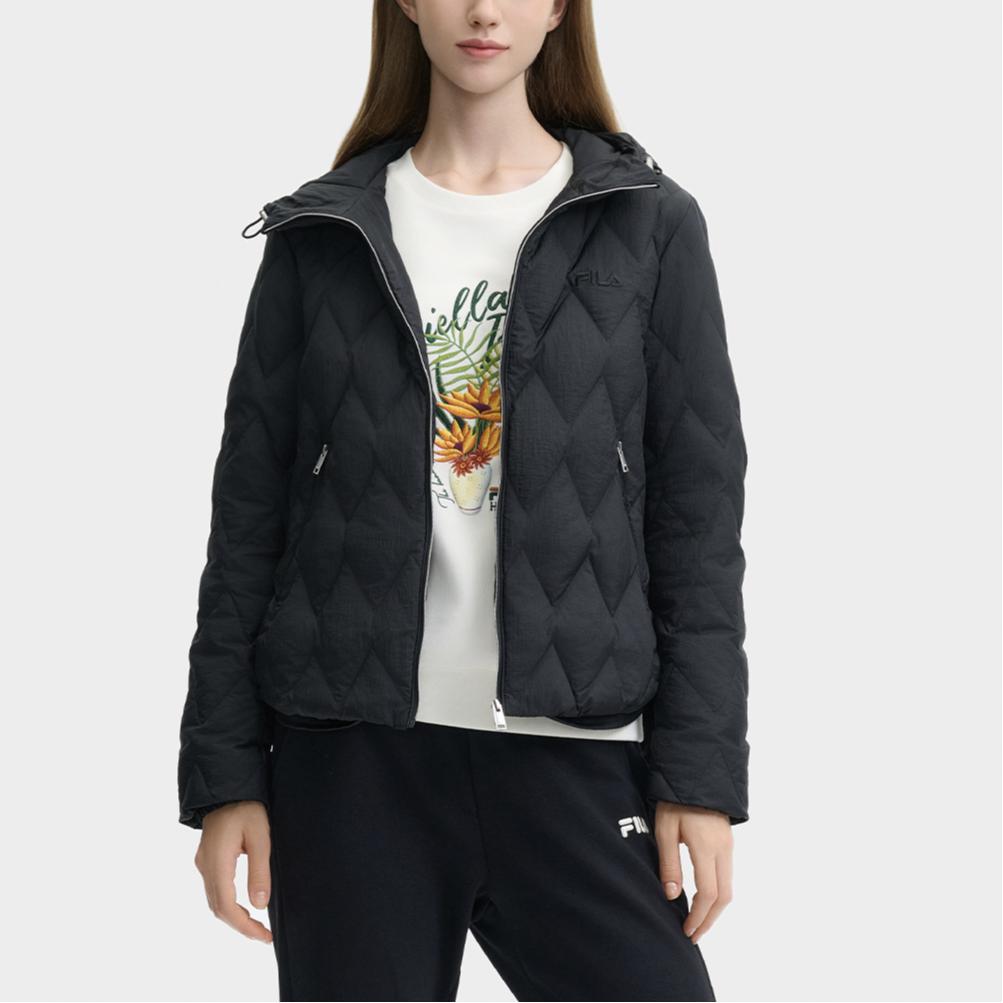 Fila Light Down Jacket Simple Solid Color Hooded Zipper Thin Down Coat Women Jackets Black F11W448906FBK