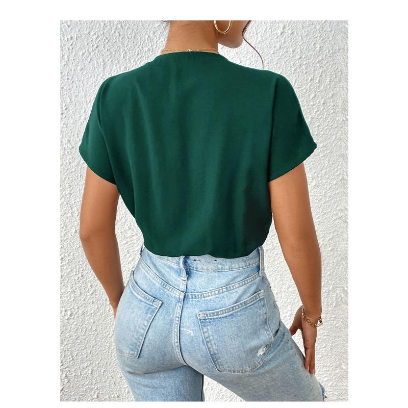 VEZFAA Women's Fashion Casual Solid Color Print Summer Spring Short Sleeve V-Neck Bodysuits