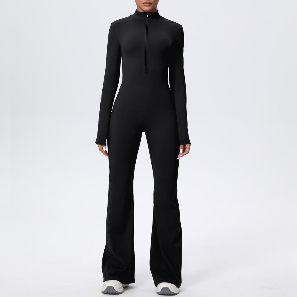 Zipper nude long-sleeved yoga flared pants onesie women's running fitness clothes sports trend onesie tights