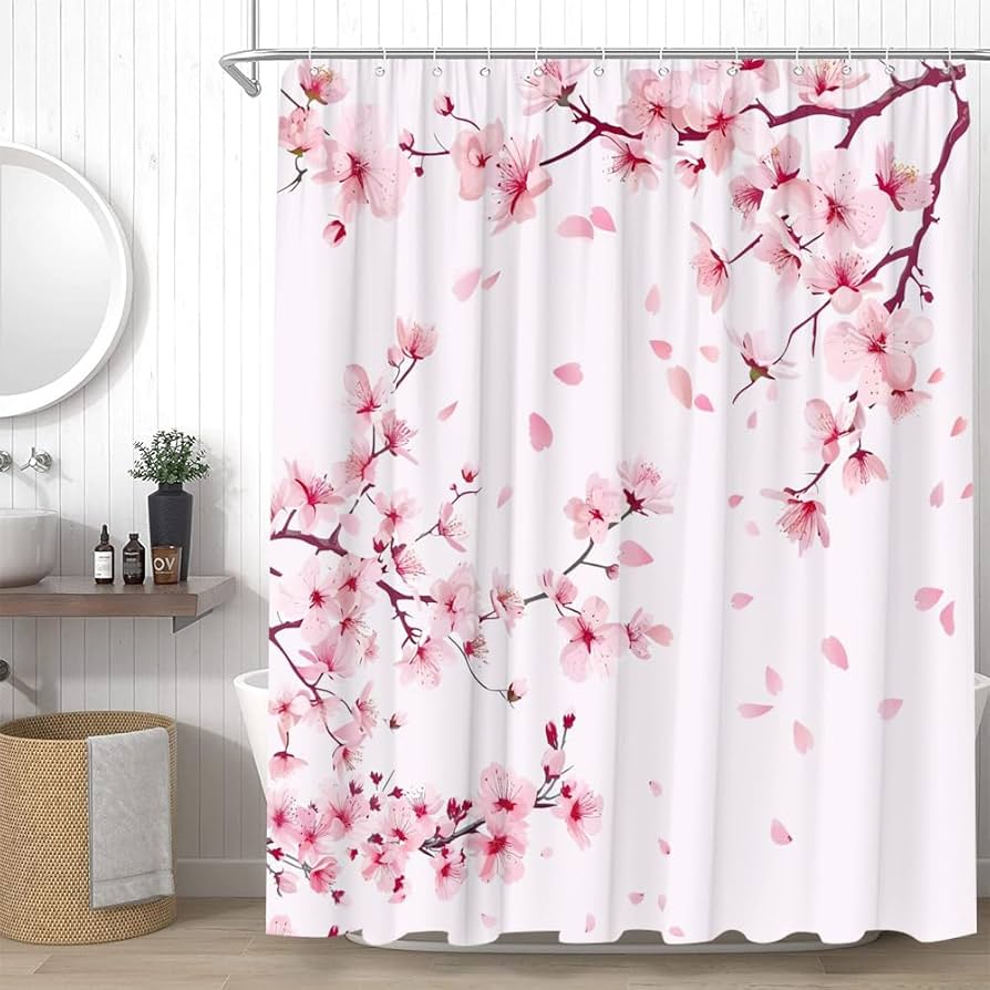 Pink Floral Shower Curtain Kids Decor Spring Flower Park Forest Road Landscape Scenic Bathroom Curtain Decor Set with 12 Hooks