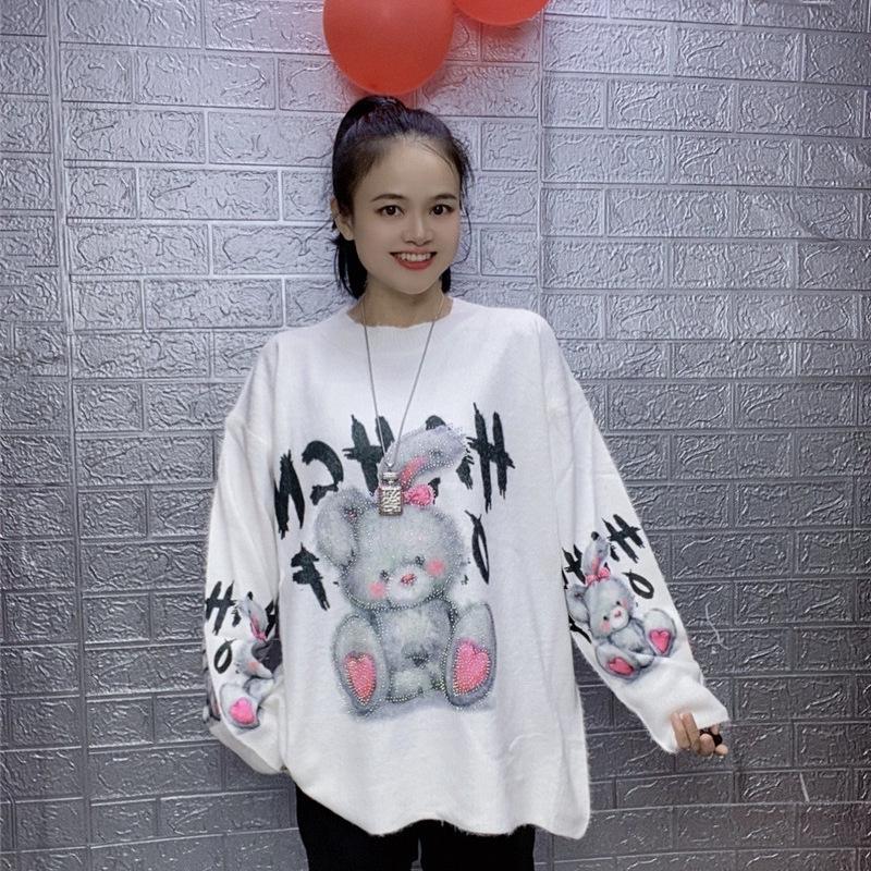 2025 Autumn/Winter Rhinestone Rabbit Cartoon Hoodie for Women - Loose Fit with Letter Detail