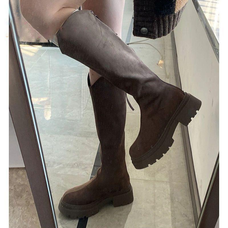 Thick-soled Boots Big Tube Circumference Tall Tube Thick-leg Knight Boots Women's 2025 New Thin Suede Elastic Tall Boots