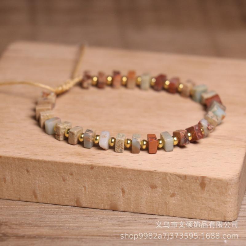 Mixed Natural Stone Square Bead Bracelet – Gold Accent Adjustable Boho Jewelry, Earthy Healing Gift for Women