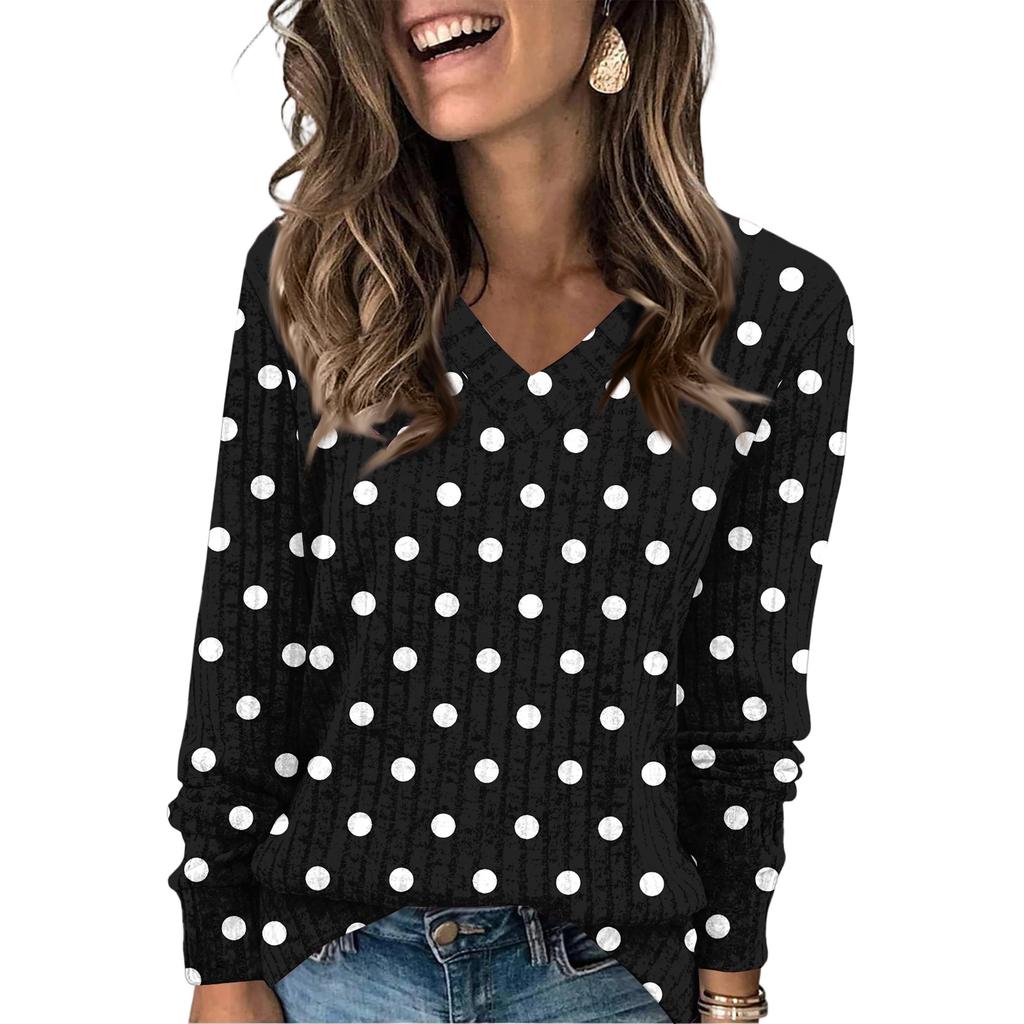 Women's Fashionable Oversized V-Neck T-Shirt With Polka Dot Print Long-Sleeved Pullover Top