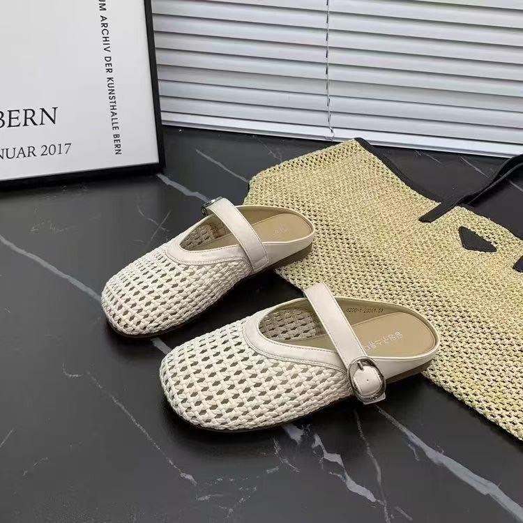 Hollow bag head half slippers women's breathable new summer mesh outer wear soft bottom slippers woven shallow mouth flat bottom sandals