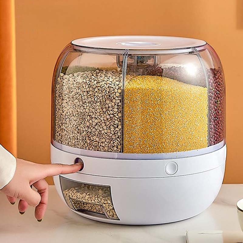 360° rotating 6-grid grain dispenser, one-touch output storage container for rice grain sealing and moisture-proof organizer