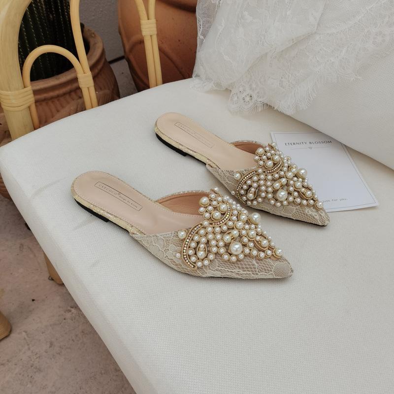 French Romantic Handmade String Gentle Lace Pointed Flat Bottom Slippers Fairy Wind Baotou Slippers
