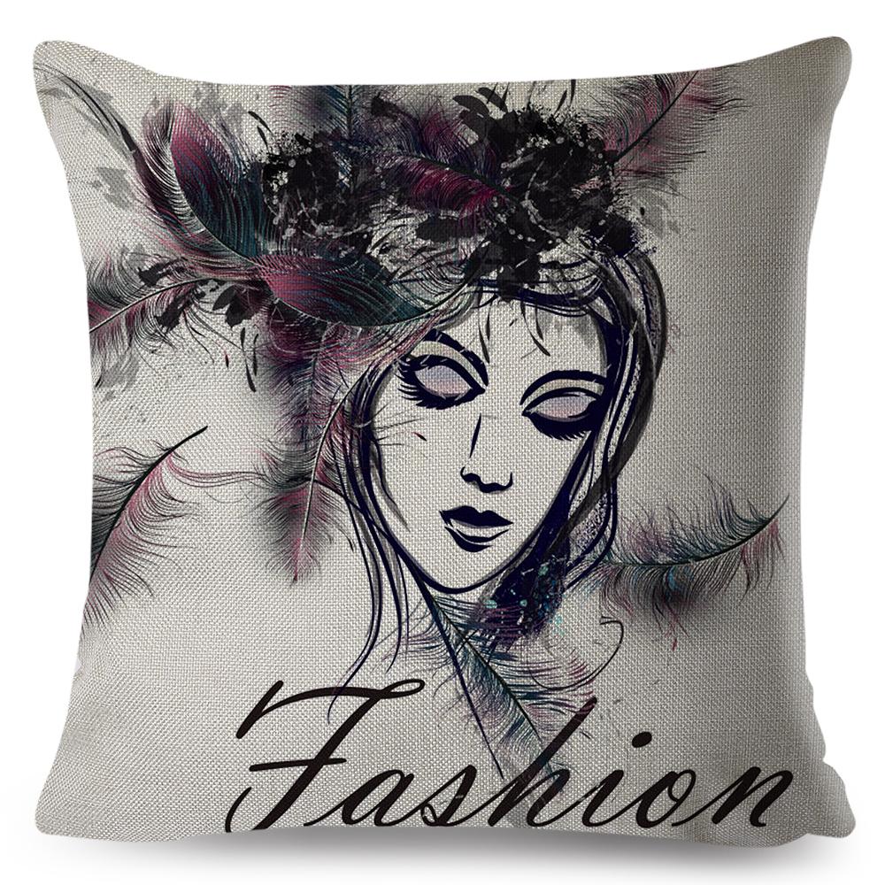 Fashion Woman Art Pillowcase Double Print Boho Lady Cushion Cover Soft Plush Portrait Pillowcase Home Decor