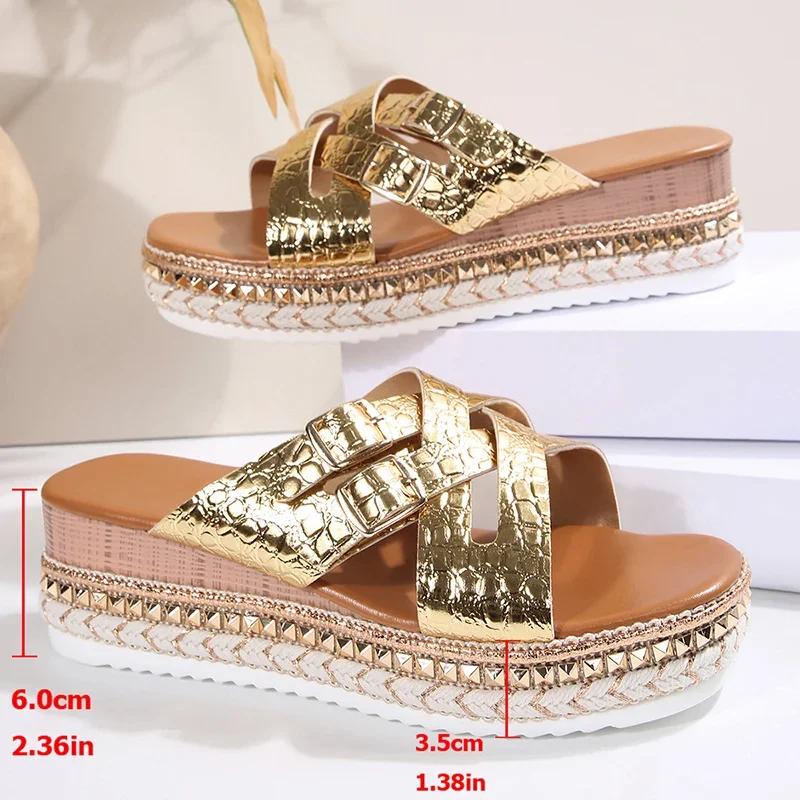 Fashion Women Shoes Fashion Cross Band Wedges Sandals Luxury Women Summer 2025 Platform Thick Bottom Slippers Plus Size Pu Leather Slide