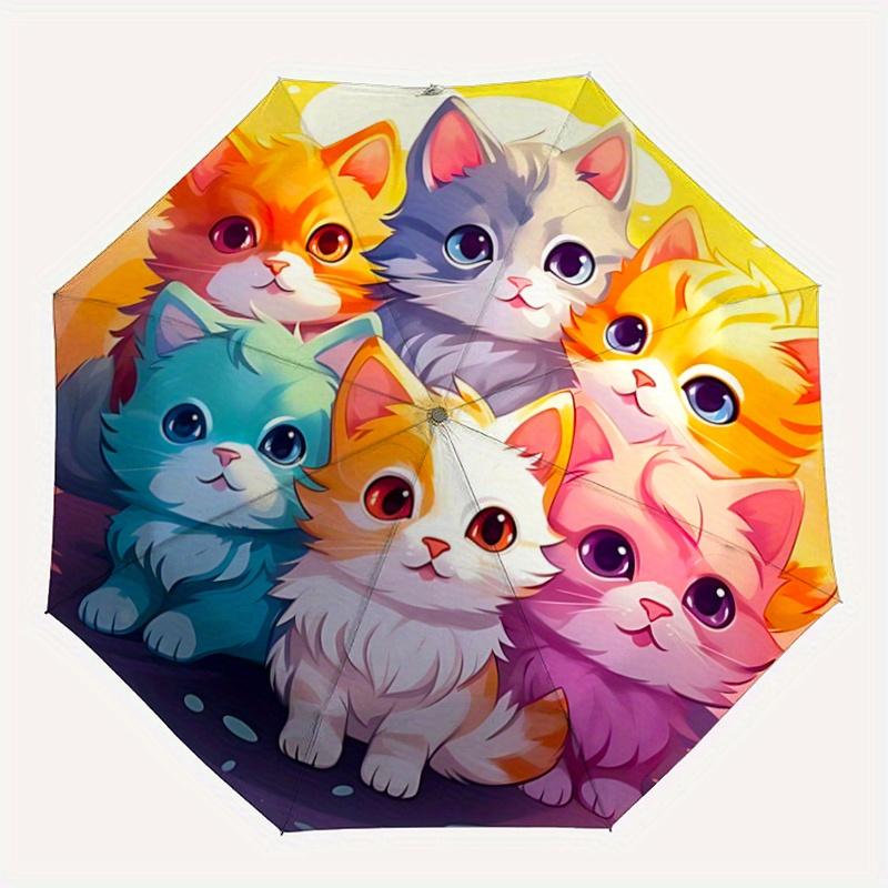 1pc Cartoon Colorful Kittens Animals Durable Cartoon Folding Umbrella, Portable 3-Fold Compact Umbrella for Men and Women, Suitable for Travel or
