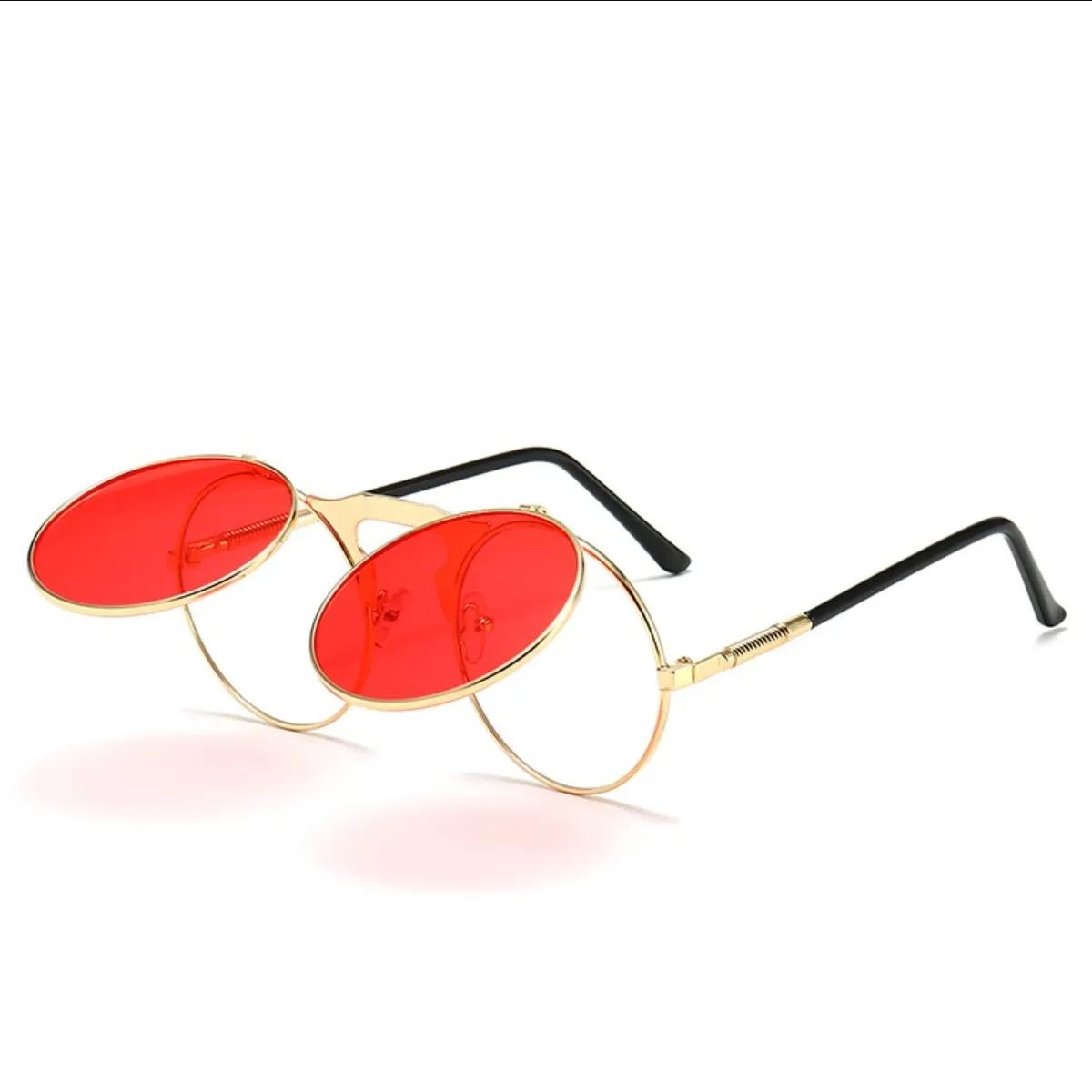 New Vintage Metal Punk Steampunk Flip-up Round Sunglasses with Metal Frame Hip-Hop Trendy Style Sun Glasses As Picture