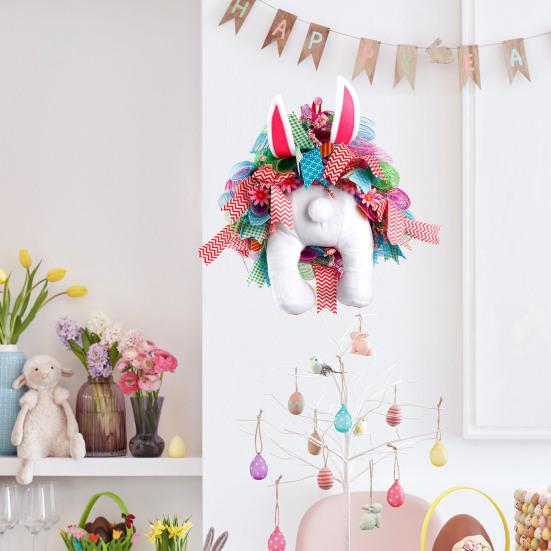 Easter Bunny Wreath with Floppy Ears & Colorful Ribbon Plush Front Door Hanging Wreath Spring Festival Party Decoration