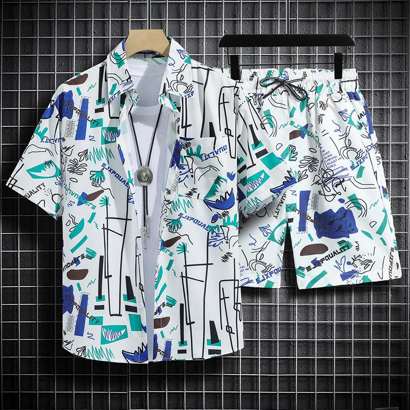 Herren Retro Blumen Kurzarm Hemd Set - Hainan Strandmode, Sanya & Hawaii Stil