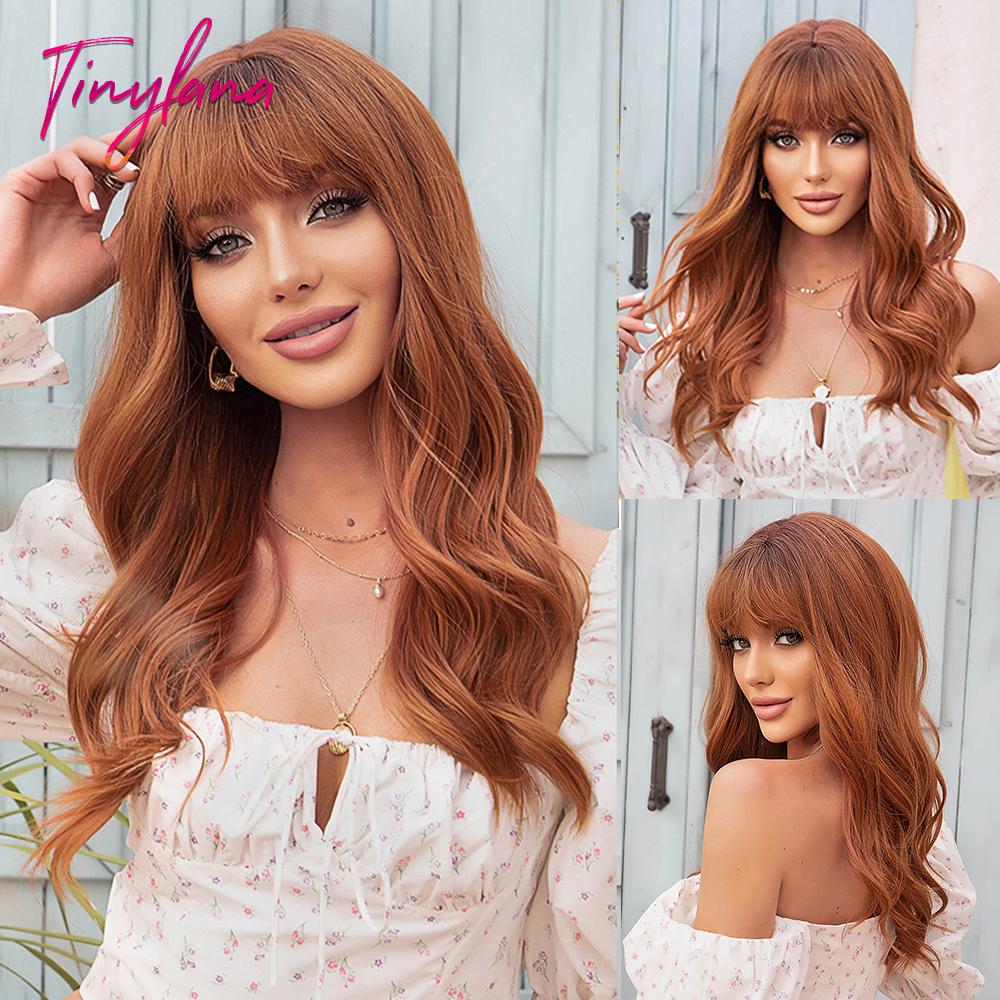 Light Pink Long Wavy Cosplay Synthetic Hair Wigs with Bangs for White Women Afro Lolita Water Wave Halloween Heat Reisitant Wig
