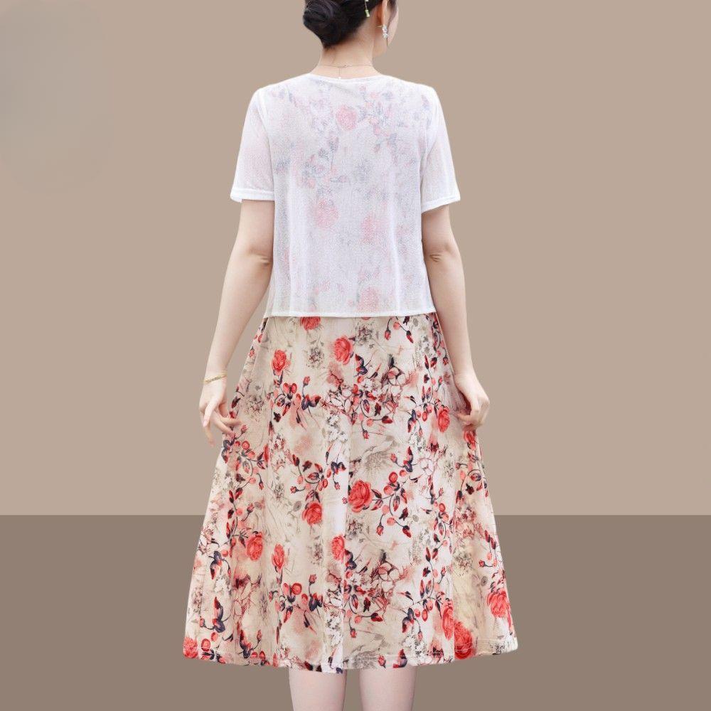 Chic Summer Fake Two Piece Dress for Moms Elegant Slimming and Youthful Mid Age Women Fashion Clothing