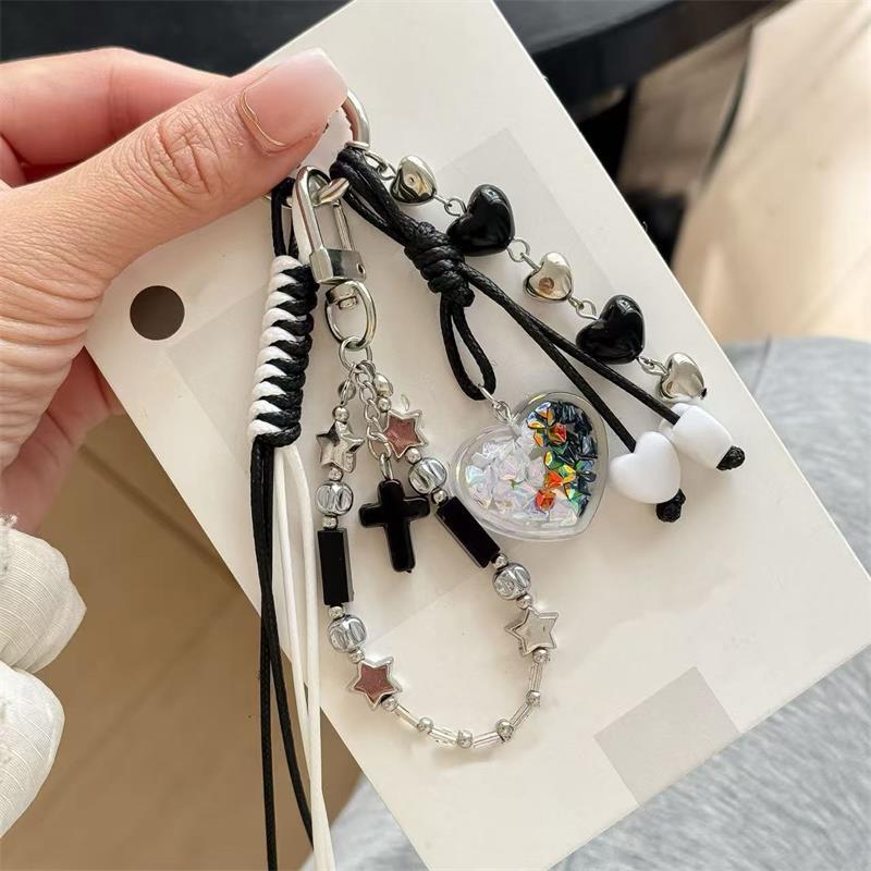 Cute Braided Rope Love Bow Bead Fluffy Ball Keychain Pendant Backpack Charm Phone Chain Bag Hanging Accessory Girl Keyring Gifts