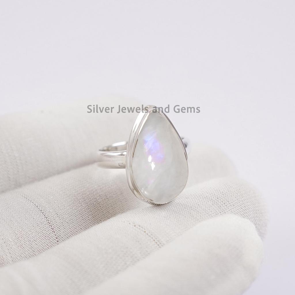 Teardrop Natural Moonstone Ring, 925 Sterling Silver Handmade Ring, Blue Fire Moonstone, Birthday Ring