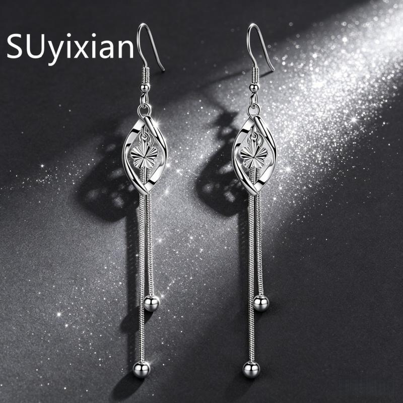 925 Sterling Silver Stylish Simple Twist Flower Tassel Earrings Birthday Party Anniversary Gift