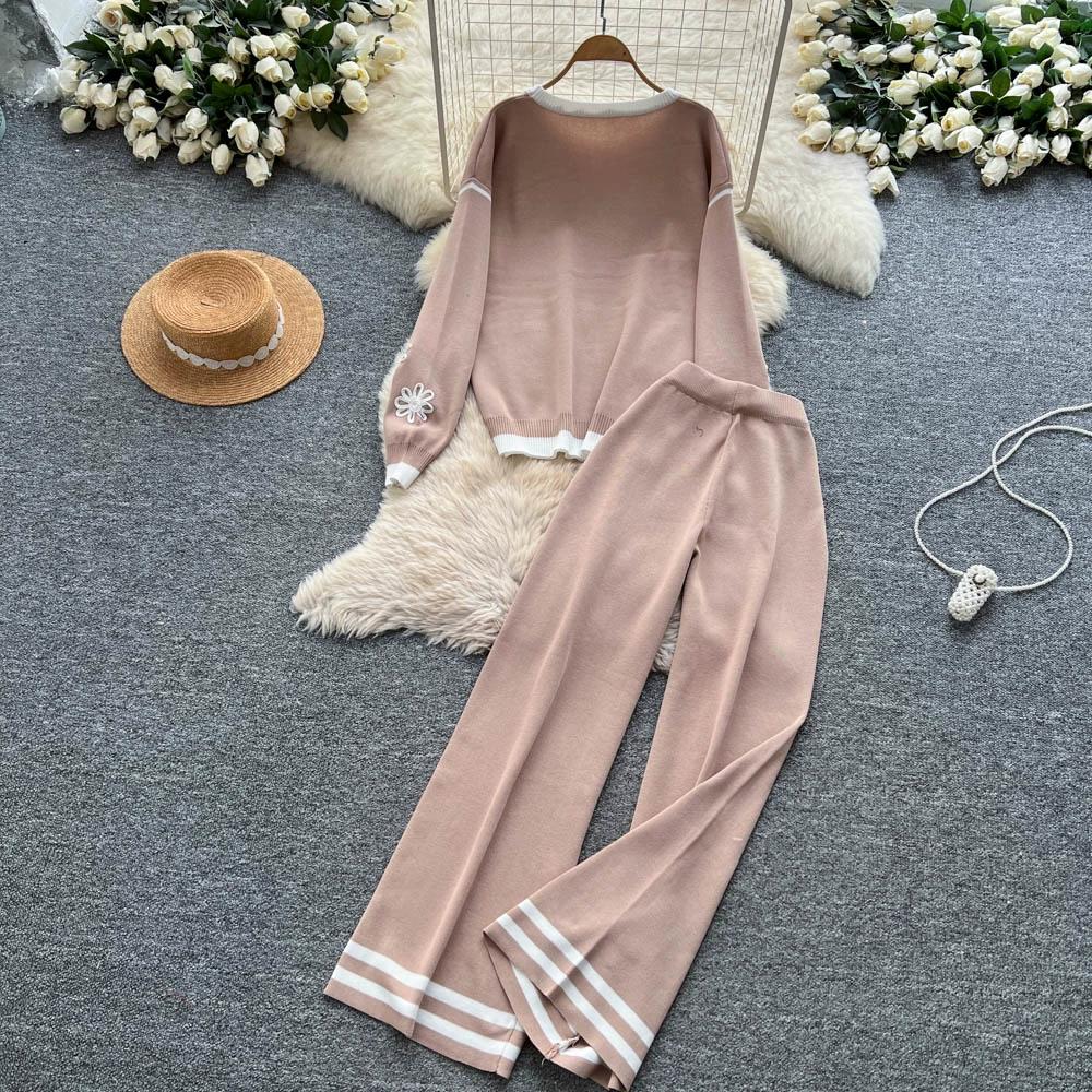 Autumn Winter Women Vintage Embroidery Flower Knitted Sweater Trouser Two Piece Set O-neck Pullover Tops and Pant Tracksuit