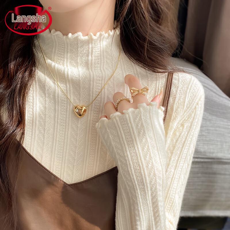 

Langsha Women s Ruffled Mock Neck Knit Top L